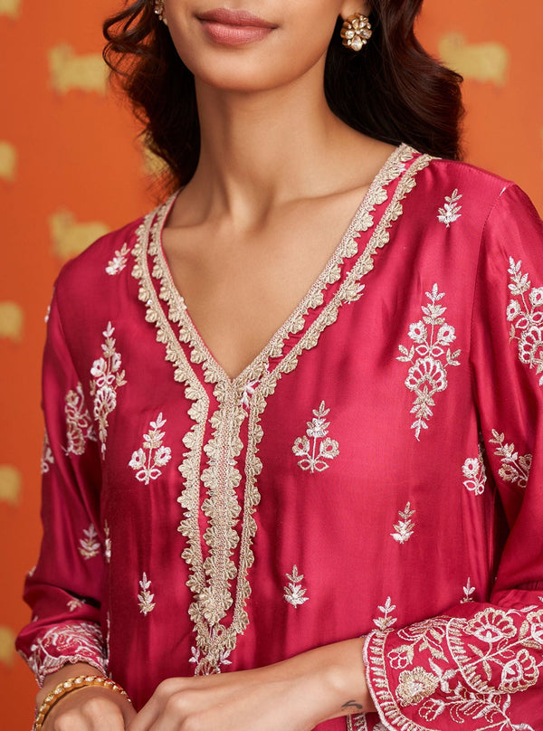 Emon Cupro Satin Fuschia Kurta Set