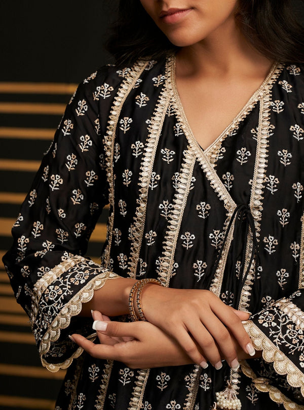 Patola Organza Satin Black Anarkali Kurta Set