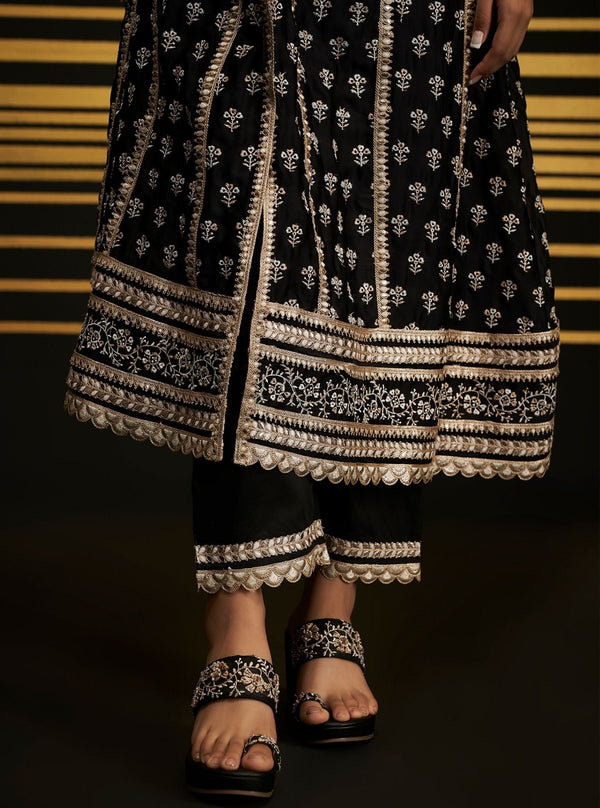 Patola Organza Satin Black Anarkali Kurta Set