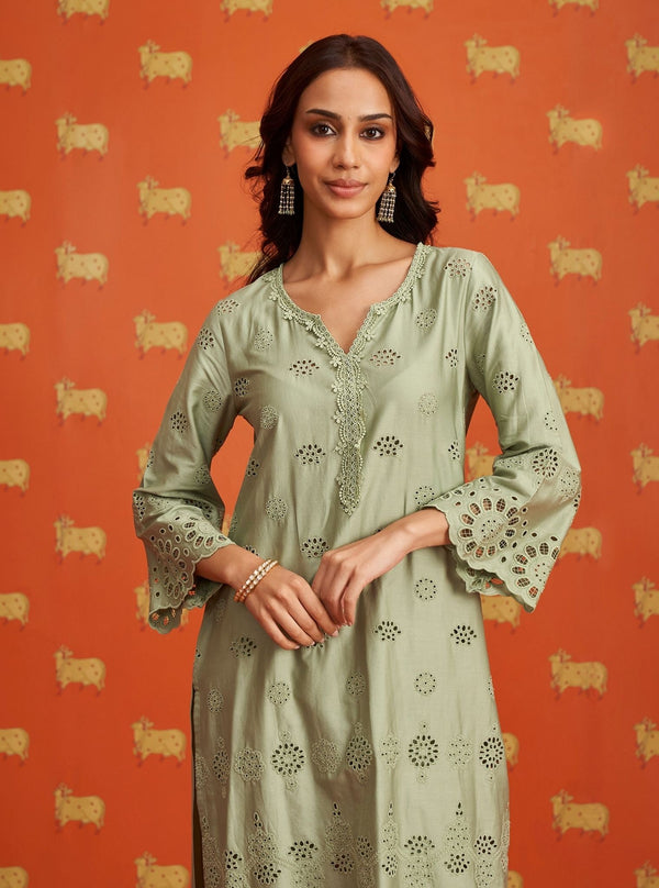 Pensri Pima Satin Green Kurta Set