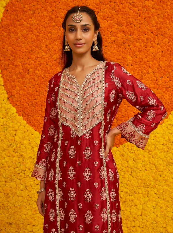 Shubh Organza Satin Red Kurta Set