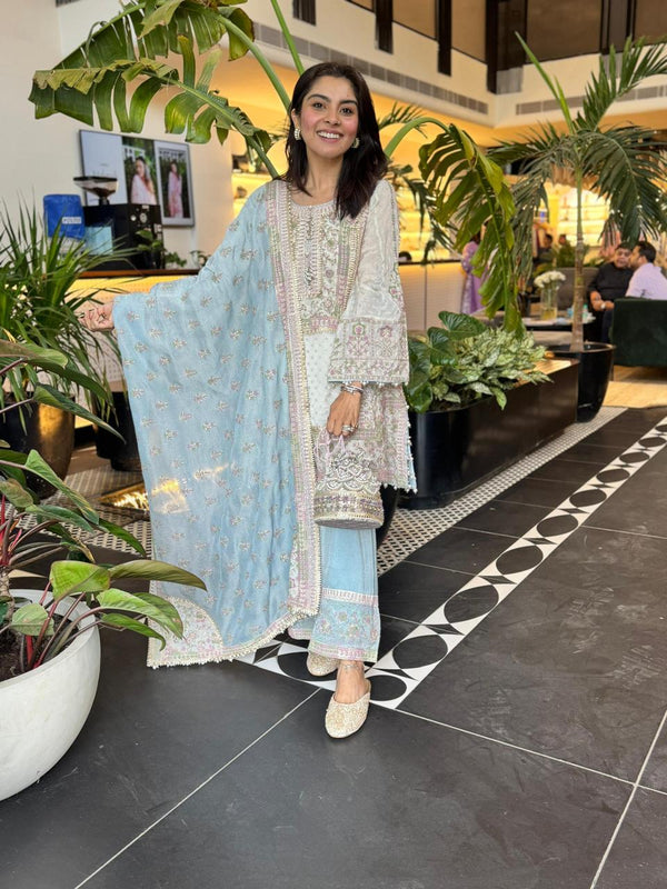 Mangal Banarsi Off White Kurta With Blue Pant