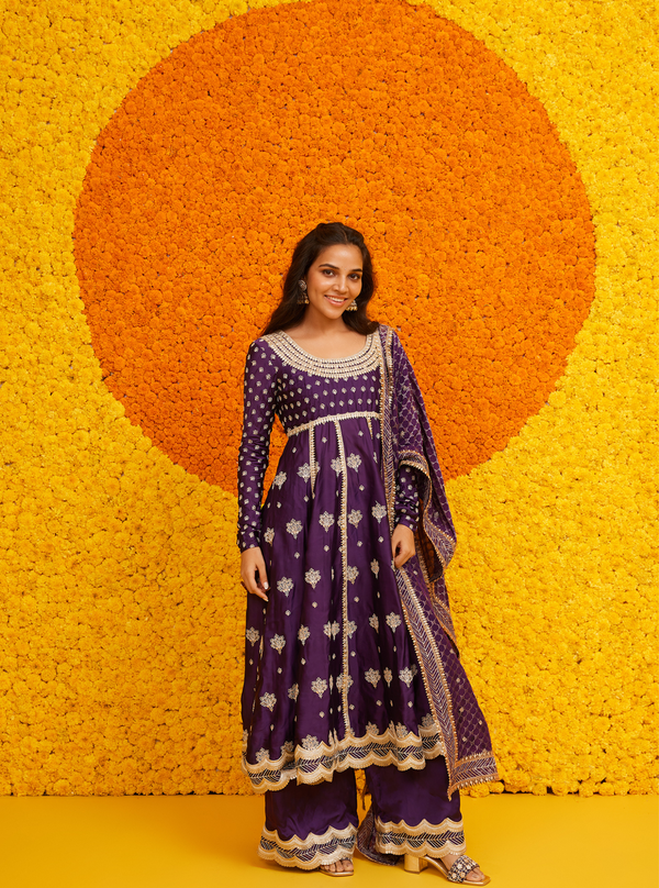 Palki Organza Satin Purple Kurta Set